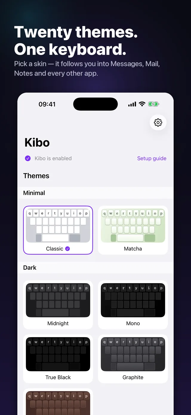 Screenshot headed "Twenty themes. One keyboard." Beneath it the in-app theme list: a Minimal group showing Classic and Matcha, then a Dark group showing Midnight, Mono, True Black and Graphite, each drawn as a small keyboard preview.