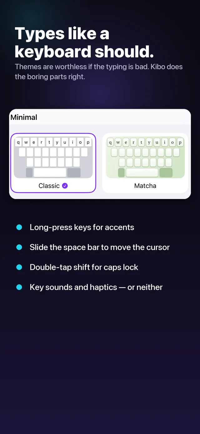 Screenshot headed "Types like a keyboard should." The caption says themes are worthless if the typing is bad. Below sits the Minimal group with two keyboard previews side by side.
