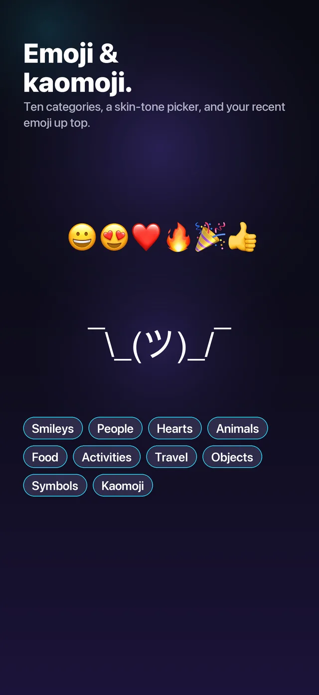 Screenshot headed "Emoji & kaomoji." The caption mentions ten categories, a skin-tone picker and recent emoji kept at the top, with a row of emoji shown underneath.