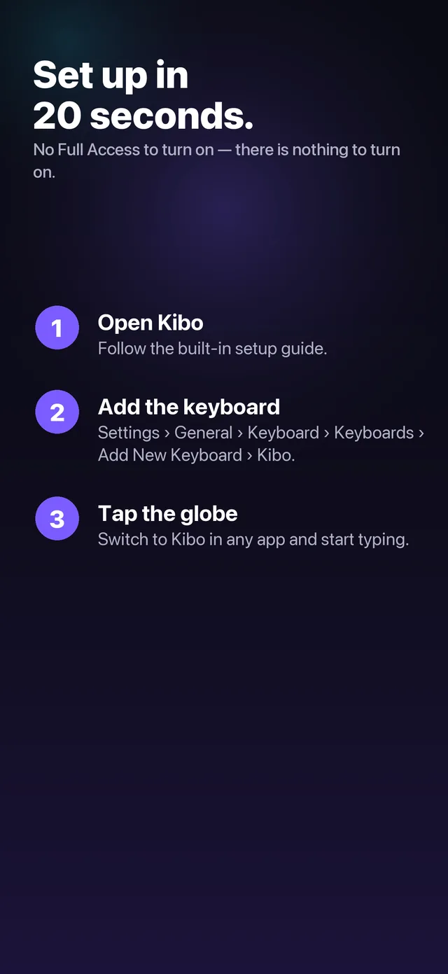 Screenshot headed "Set up in 20 seconds." The caption notes there is no Full Access to turn on because there is nothing to turn on, followed by numbered steps beginning with "Open Kibo".